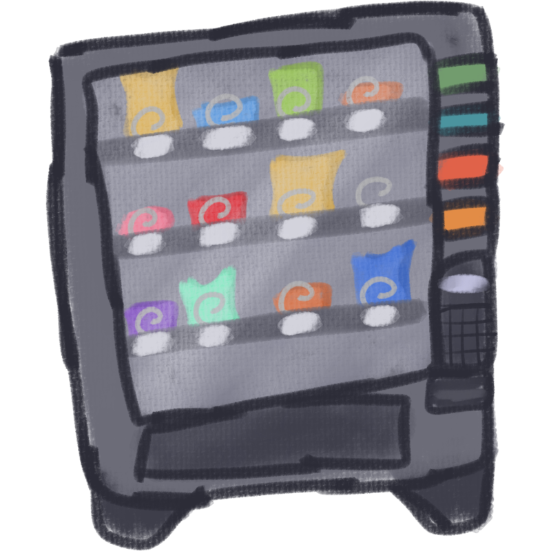 A messy rendition of a vending machine, a gray rectangle with a screen on the front of it and a flap near the bottom. Behind the screen is multiple colors items on shelves with labels, to the side of the machine is colorful labels and then a keypad. 